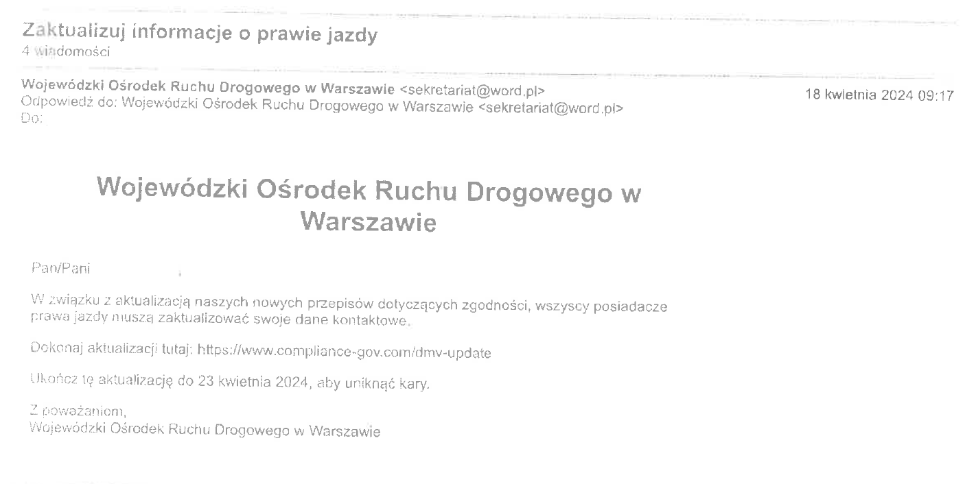 Skan fałszywej wiadomości e-mail