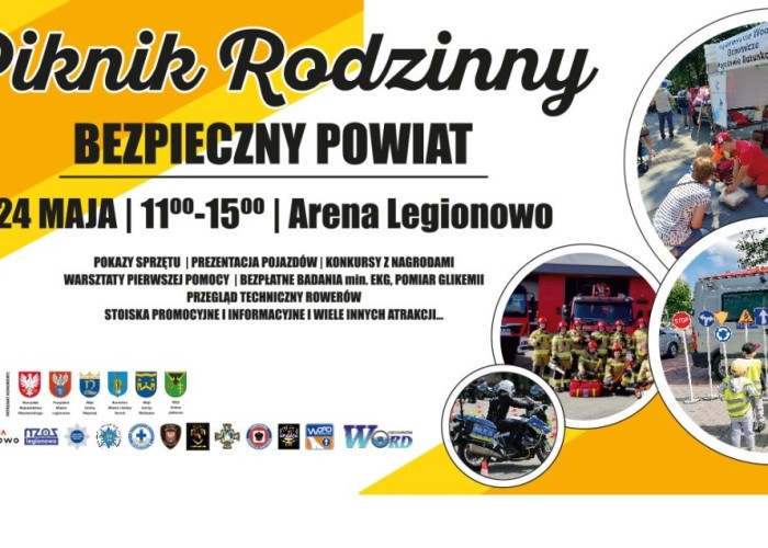 Zdjęcie 1. Plakat / grafika promujący Piknik Rodzinny pn. „Bezpieczny Powiat” (zdjęcie źródło: Powiat Legionowski).